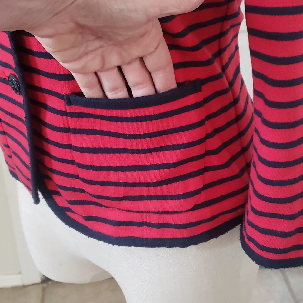 💐 TALBOTS Nautical Striped Knit Blazer Jacket Red Navy XS Petite Anchor Button - Picture 9 of 12